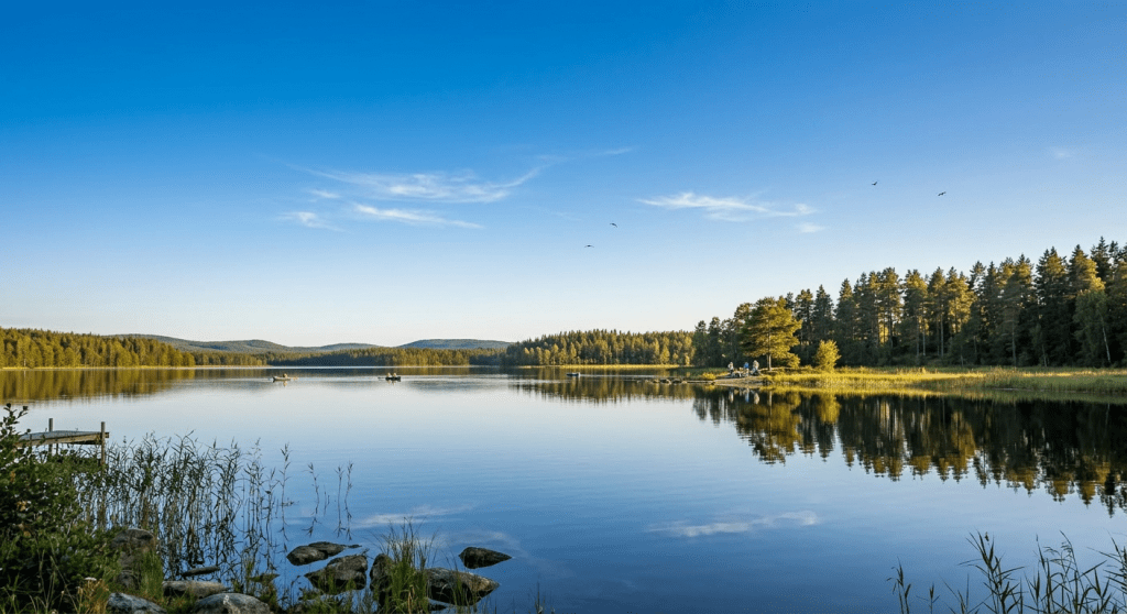Calm lake with two rowboats, forested shore, and clear blue sky