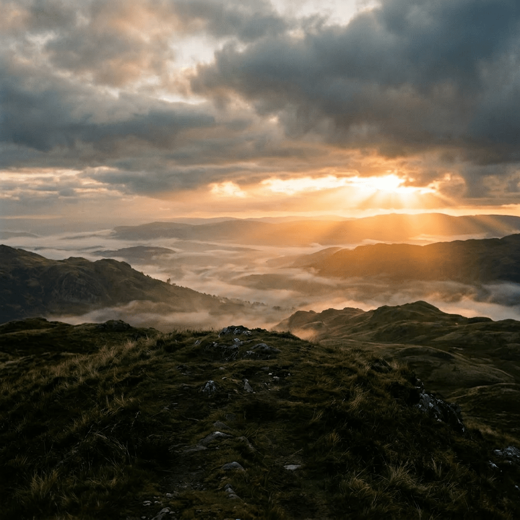 Two hikers standing on a grassy mountain ridge overlooking mist-covered hills at sunset