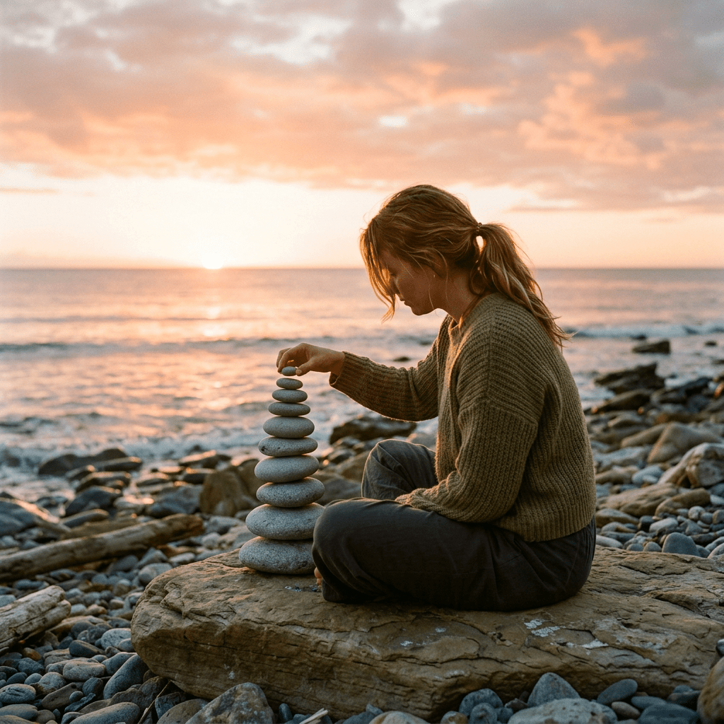 Person stacking smooth stones balanced in a tower on a rocky beach at sunset
